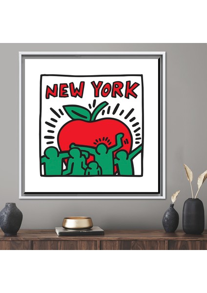 1 Parça Beyaz Çerçeveli Kanvas Tablo, Keith Haring New York, The Big Apple Duvar Süsü,