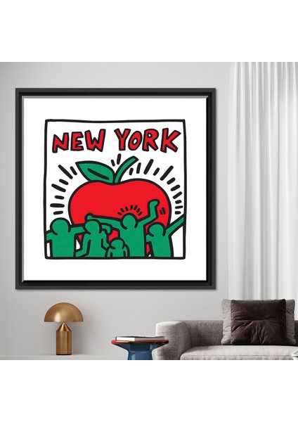 1 Parça Siyah Çerçeveli Kanvas Tablo, Keith Haring New York, Grafiti Sanat Eseri, New York Kanvas Sa