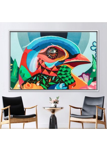 1 Parça Beyaz Çerçeveli Kanvas Tablo, Hayvan Kanvas, Renkli Kuş Grafiti Hediye Kanvas,