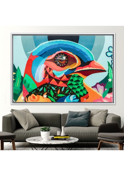 1 Parça Beyaz Çerçeveli Kanvas Tablo, Hayvan Kanvas, Renkli Kuş Grafiti Hediye Kanvas,