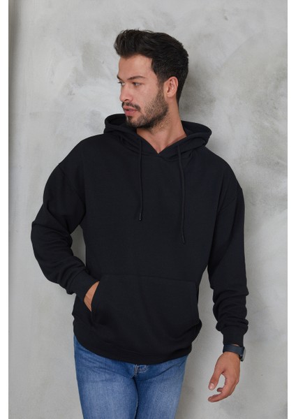 Erkek Oversize Kapüşonlu Kanguru Cepli Ribanalı Uzun Kollu Basic Sweatshirt