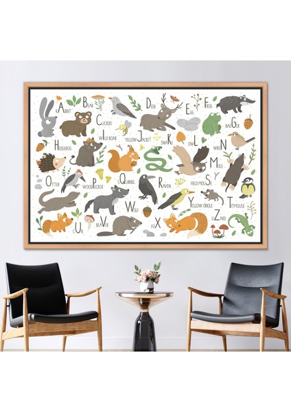 1 Parça Naturel Çerçeveli Kanvas Tablo, Çocuk Alfabesi Kanvas Poster, Safari Hayvanlar Hediye Kanvas