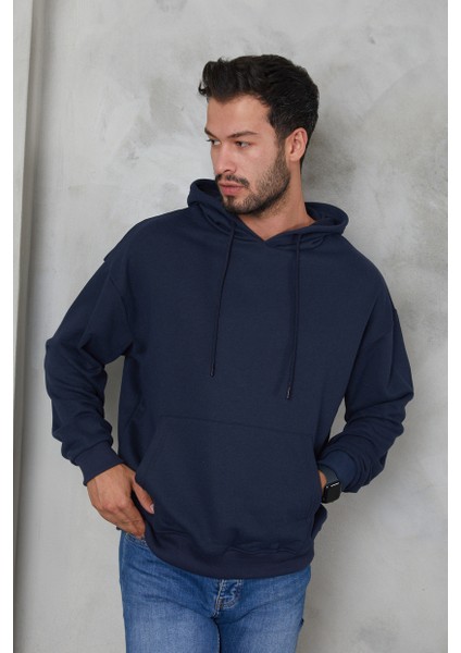 Erkek Oversize Kapüşonlu Kanguru Cepli Ribanalı Uzun Kollu Basic Sweatshirt