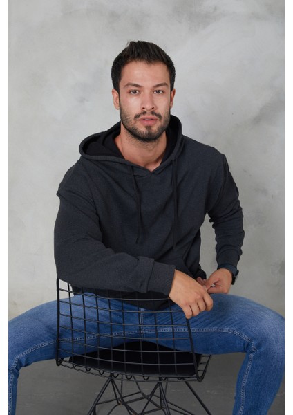 Erkek Oversize Kapüşonlu Kanguru Cepli Ribanalı Uzun Kollu Basic Sweatshirt