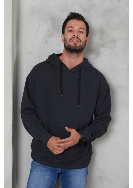 Erkek Oversize Kapüşonlu Kanguru Cepli Ribanalı Uzun Kollu Basic Sweatshirt