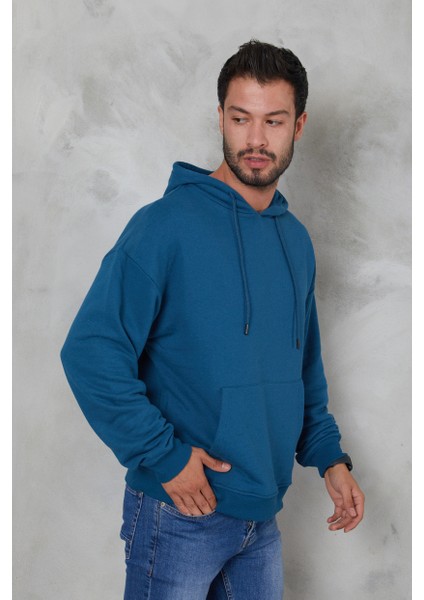 Erkek Oversize Kapüşonlu Kanguru Cepli Ribanalı Uzun Kollu Basic Sweatshirt