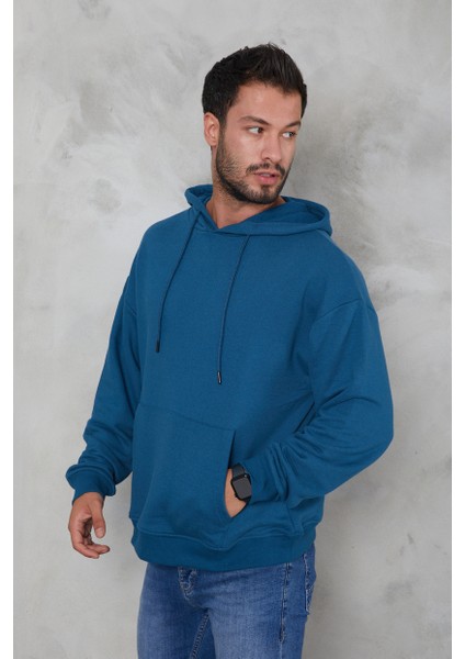 Erkek Oversize Kapüşonlu Kanguru Cepli Ribanalı Uzun Kollu Basic Sweatshirt