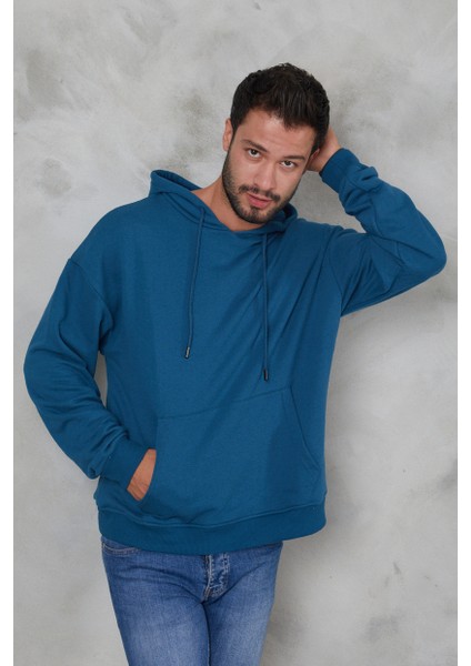 Erkek Oversize Kapüşonlu Kanguru Cepli Ribanalı Uzun Kollu Basic Sweatshirt