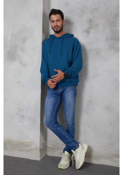 Erkek Oversize Kapüşonlu Kanguru Cepli Ribanalı Uzun Kollu Basic Sweatshirt