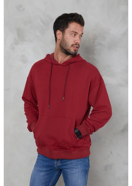 Erkek Oversize Kapüşonlu Kanguru Cepli Ribanalı Uzun Kollu Basic Sweatshirt