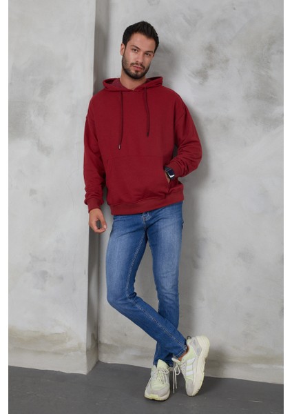 Erkek Oversize Kapüşonlu Kanguru Cepli Ribanalı Uzun Kollu Basic Sweatshirt