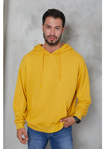 Erkek Oversize Kapüşonlu Kanguru Cepli Ribanalı Uzun Kollu Basic Sweatshirt