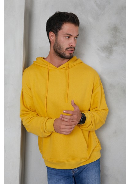 Erkek Oversize Kapüşonlu Kanguru Cepli Ribanalı Uzun Kollu Basic Sweatshirt