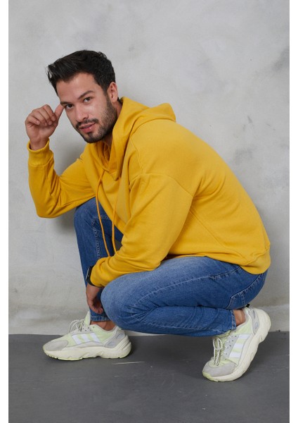 Erkek Oversize Kapüşonlu Kanguru Cepli Ribanalı Uzun Kollu Basic Sweatshirt