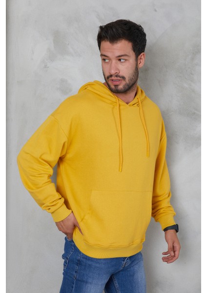 Erkek Oversize Kapüşonlu Kanguru Cepli Ribanalı Uzun Kollu Basic Sweatshirt