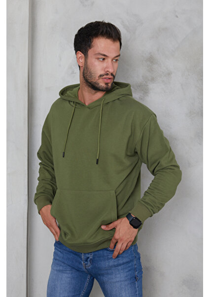 Erkek Oversize Kapüşonlu Kanguru Cepli Ribanalı Uzun Kollu Basic Sweatshirt