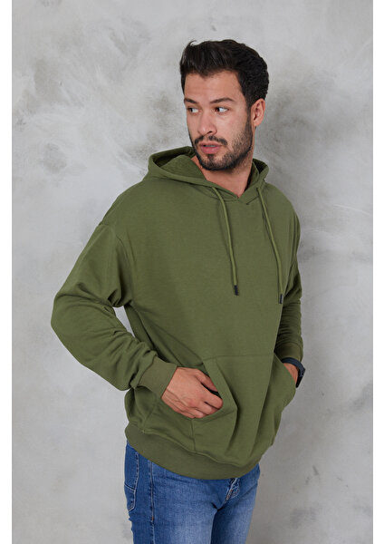 Erkek Oversize Kapüşonlu Kanguru Cepli Ribanalı Uzun Kollu Basic Sweatshirt