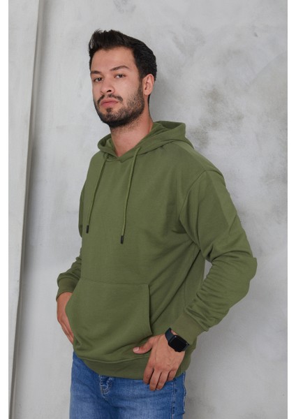 Erkek Oversize Kapüşonlu Kanguru Cepli Ribanalı Uzun Kollu Basic Sweatshirt