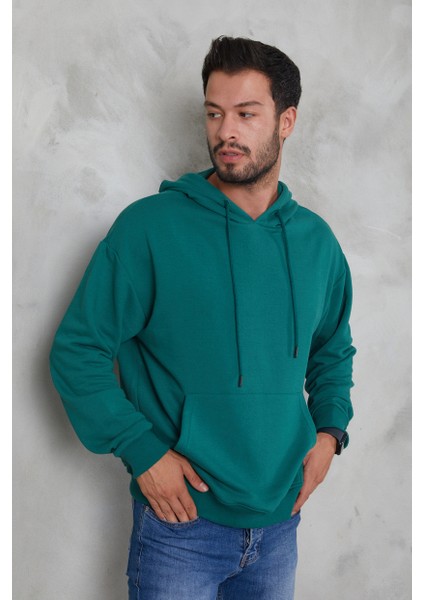 Erkek Oversize Kapüşonlu Kanguru Cepli Ribanalı Uzun Kollu Basic Sweatshirt