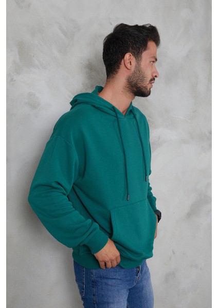 Erkek Oversize Kapüşonlu Kanguru Cepli Ribanalı Uzun Kollu Basic Sweatshirt