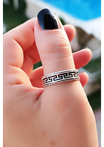 Motif Şekilli Erkek Yüzük Gümüş Kaplama Ayarlanabilir El Yapımı Erkek Yüzük