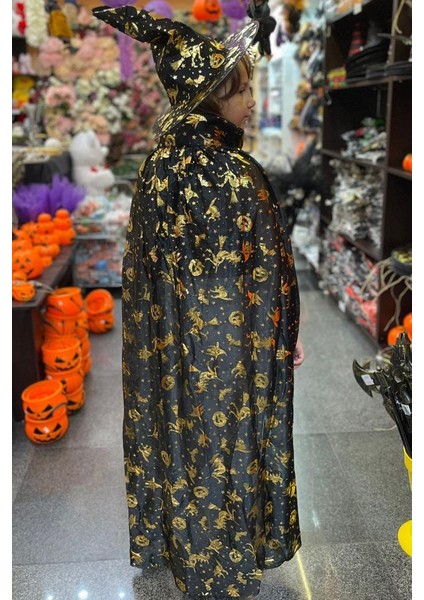 Cadılar Bayramı Halloween Yetişkin Pelerin Şapka Set Gold