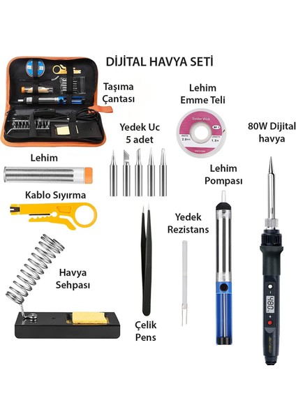 Dijital Isı Ayarlı Havya Set Lehim Makinesi Seti 80 W Taşıma Çantalı