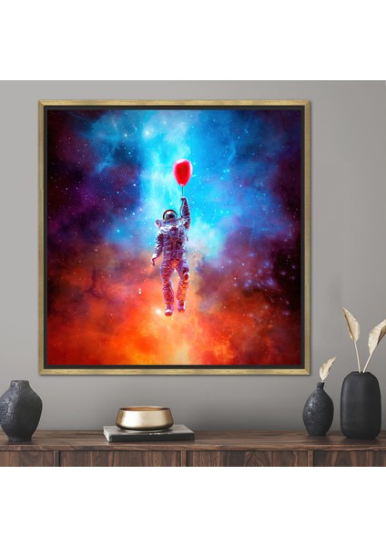 1 Parça Gold Çerçeveli Kanvas Tablo, Uzayda Yüzen Astronot, Kozmos Baskılı,