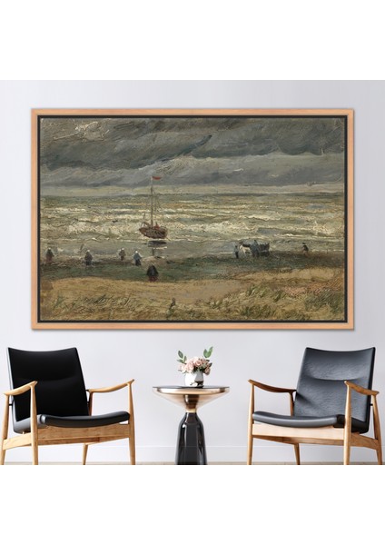 1 Parça Naturel Çerçeveli Kanvas Tablo, Fırtınalı Havalarda Scheveningen'de Plaj,
