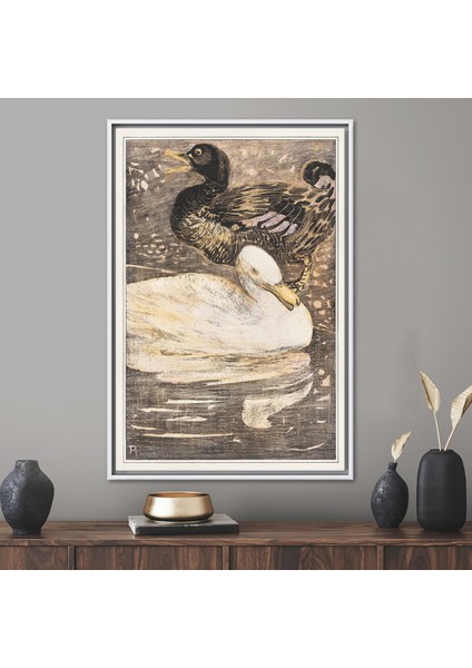 1 Parça Beyaz Çerçeveli Kanvas Tablo, Twee Eenden, Soyut Ördek Kanvas Poster,