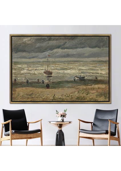 1 Parça Gold Çerçeveli Kanvas Tablo, Fırtınalı Havalarda Scheveningen'de Plaj,