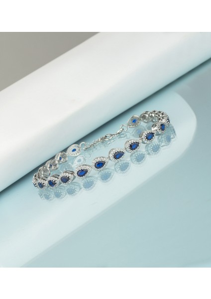 925 Ayar Gümüş Safir Renk Damla Model Bileklik (Rodyum)