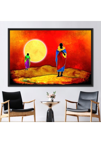 1 Parça Siyah Çerçeveli Kanvas Tablo, Iki Afrikalı Adam, Güneş Manzarası Kanvas Sanatı,