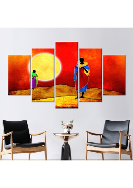 5 Parçalı Mix Kanvas Tablo, Iki Afrikalı Adam, Güneş Manzarası Sanat Eseri, Soyut Kanvas Dekor,