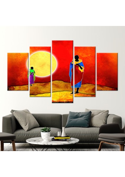 5 Parçalı Mix Kanvas Tablo, Iki Afrikalı Adam, Güneş Manzarası Sanat Eseri, Soyut Kanvas Dekor,