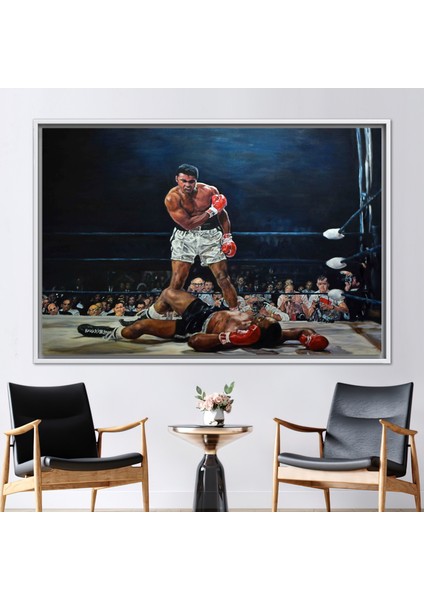1 Parça Beyaz Çerçeveli Kanvas Tablo, Muhammed Ali Vs Sonny Liston Posteri,