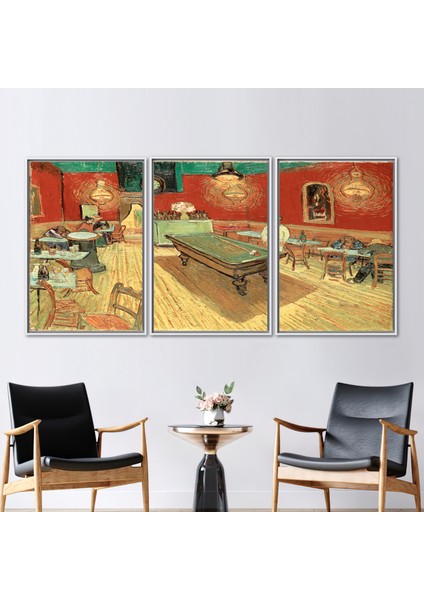 3 Parçalı Beyaz Çerçeveli Kanvas Tablo, Van Gogh'un Gece Kafesi,