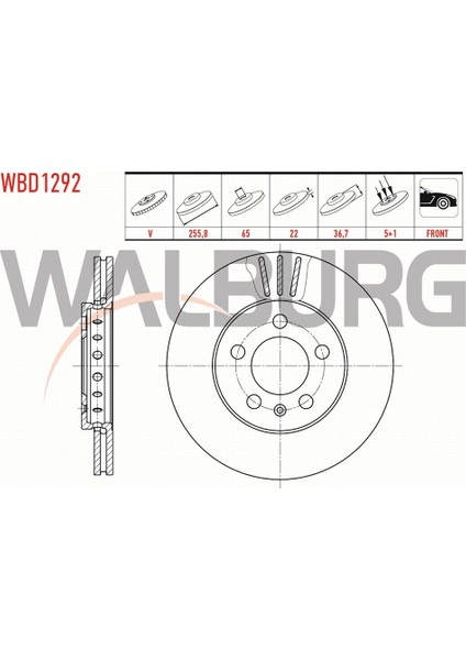 Volkswagen Golf Iv (1j1) 1.4i 16V 1997-2005 Fren Diski Ön Havalı 5 Bjn 255,8X22X65X36,7 1J0698301D