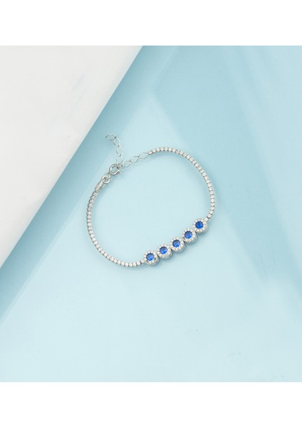 925 Ayar Gümüş Yuvarlak Safir Taşlı Su Yolu Bileklik