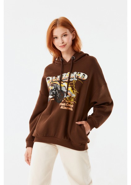 Baskılı Kapüşonlu Oversize Sweatshirt