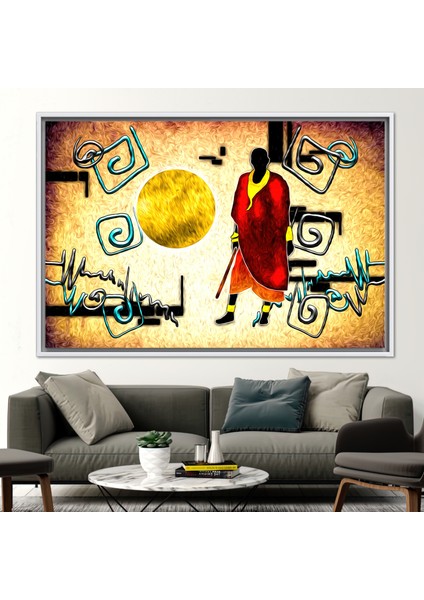 1 Parça Beyaz Çerçeveli Kanvas Tablo, Afrikalı Adam Resim, Afrika Kanvas, Altın Güneş Duvar Süsü,