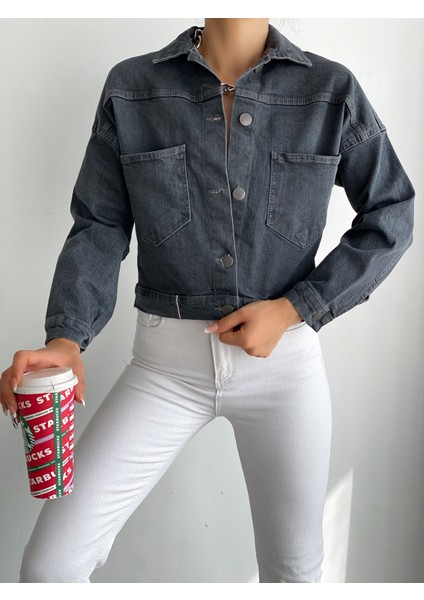 Kadın Crop Denim Ceket Gri