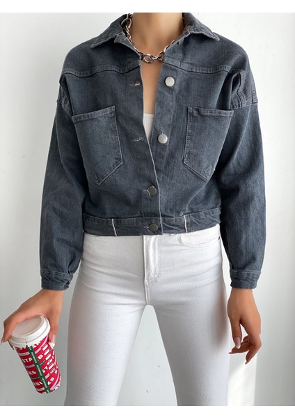 Kadın Crop Denim Ceket Gri