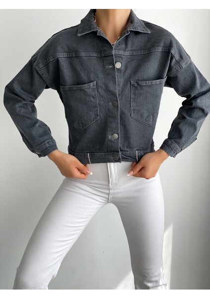 Kadın Crop Denim Ceket Gri