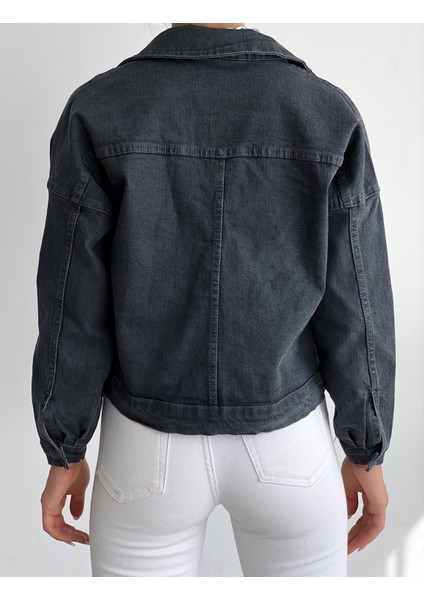 Kadın Crop Denim Ceket Gri