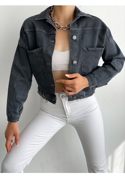 Kadın Crop Denim Ceket Gri