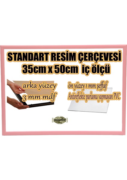 MİXEFOR Boş Çerçeve - 35CM x 50CM Iç Ölçü -Renk PEMBE-Arka Yüzey 3mm Mdf- Ön yüzey Kırılmaz parlama yapmayan Antireflektif