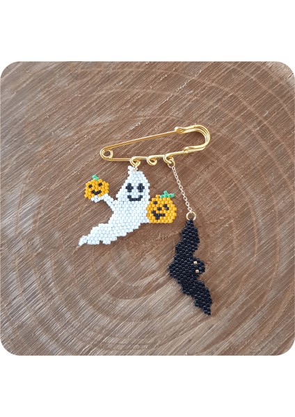 Miyuki Balkabağı Tutan Hayalet ve Yarasa Halloween Cadılar Bayramı Iskoç Iğnesi / Yaka Iğnesi / Broş