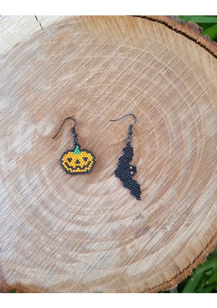 Miyuki Boncuk El Yapımı Balkabağı Yarasa Küpe Halloween Cadılar Bayramı
