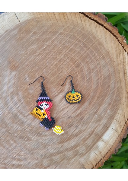 Miyuki Boncuk El Yapımı Sevimli Cadı Balkabağı Küpe Halloween Cadılar Bayramı